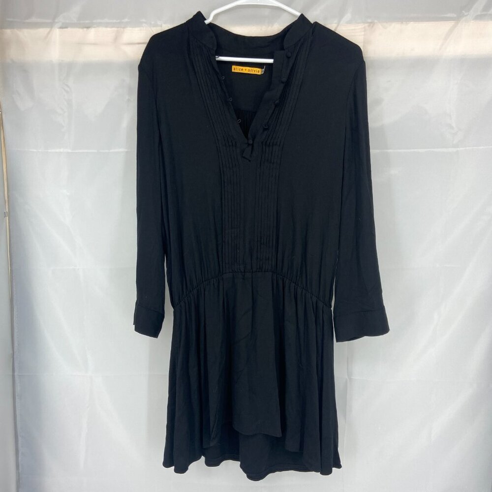 Alice & Olivia Women M Tunic Mini Dress Minimalist Solid Black Long Sleeve VNeck